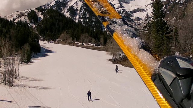 skiers in the spring from chair lift