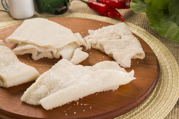 Skin raw pork on wooden background