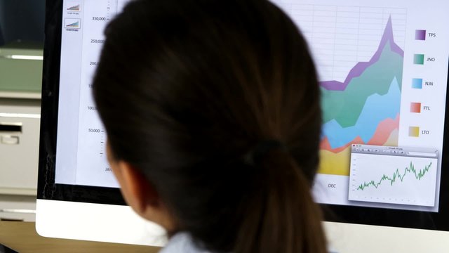 Closeup of businesswoman looking at charts on computer