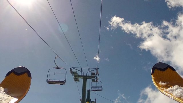 skis riding on the lift