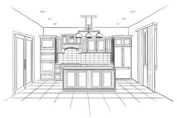Interior sketch of modern kitchen with island. - 86839539