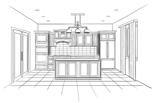 Interior sketch of modern kitchen with island.