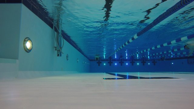 Timelapse underwater low shot of man swimming in clean pool