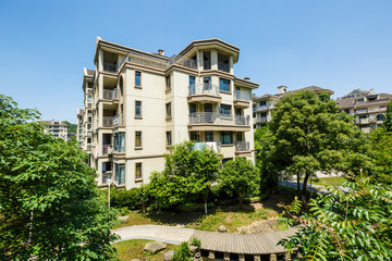 apartment building in suburban area