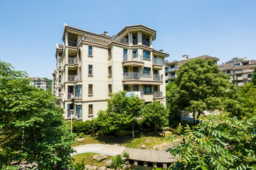 apartment building in suburban area