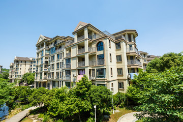 apartment building in suburban area