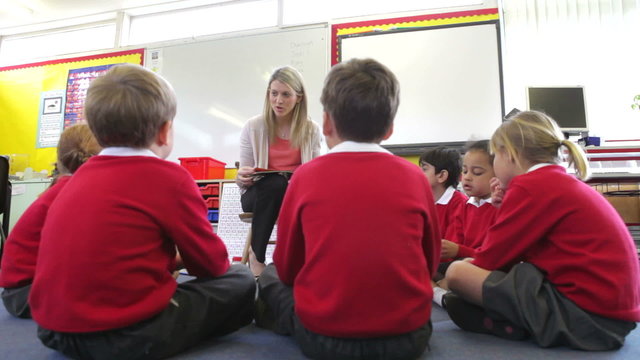 Teacher Reading Story To Elementary School Pupils