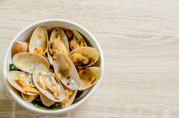 Close up Stir fried clams with roasted chili paste, Thai food