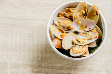 Close up Stir fried clams with roasted chili paste, Thai food