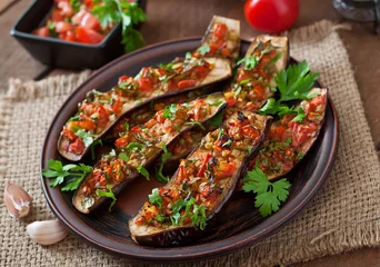 Tuinposter Gerechten Baked eggplant with tomatoes, garlic and paprika