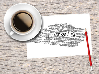 Coffee, Pencil And A Note Contain Word Clouds Of Marketing And I