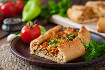 Turkish pide traditional food with beef and vegetables