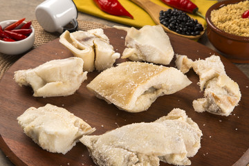 Ear raw pork on wooden background