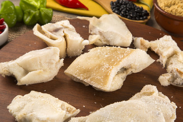 Ear raw pork on wooden background