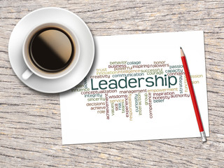 Coffee, Pencil And A Note Contain Word Clouds Of Leadership And