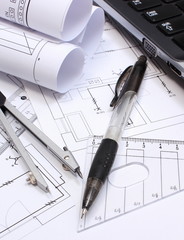 Electrical diagrams, accessories for drawing and laptop