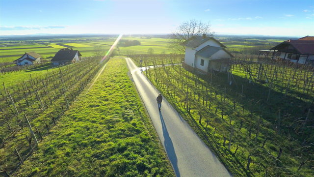 Person with long shadow walk in countryside aerial