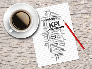 Coffee, Pencil And A Note Contain Word Clouds Of KPI And Its Rel