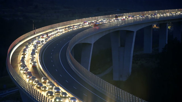 Traffic jam on bridge at night stuttering