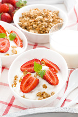 healthy breakfast - yogurt, strawberries and milk