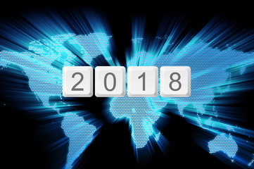 world glow background and keyboard button with word 2018