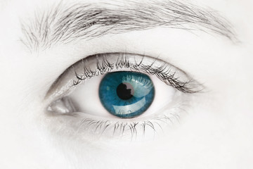 Macro image of blue eye, black and white photo