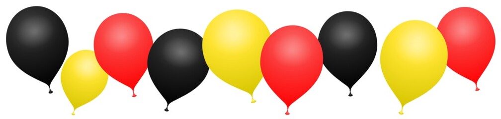 Ballons noirs, jaunes, rouges sur fond blanc