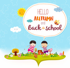 Fototapeta premium Goodbye summer. Hello autumn funny and happy smiling kids