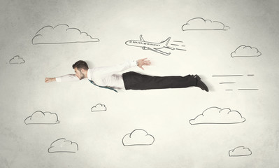 Cheerful business person flying between hand drawn sky clouds