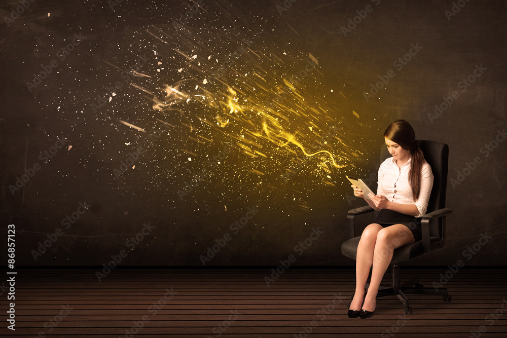 Sticker Businesswoman with tablet and energy explosion on background