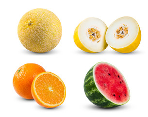 Set Collection of Melon, Orange and watermelon isolated on white background