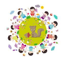 Happy autumn. Bright background with funny animals and happy kids which are on the ground round