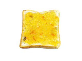 slice of bread with orange jam isolated on white background