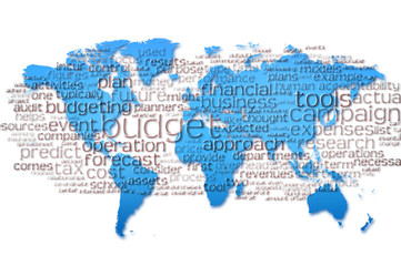 Word Cloud of  budget with world map background