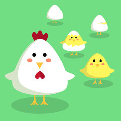 Editable vector illustration of a cute chicken, chick, and egg in green background.