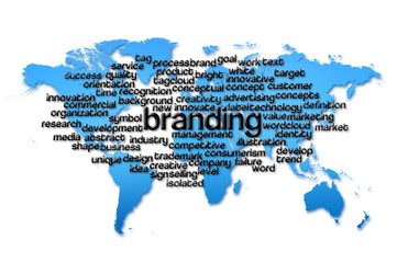 Word Cloud of  Branding with world map background.