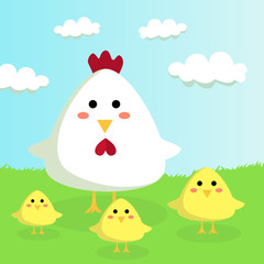 Editable vector illustration of a cute chicken and its child in field background.