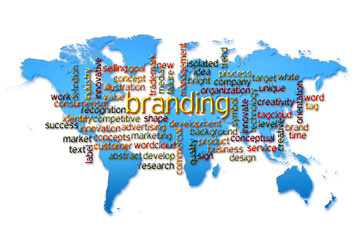 Word Cloud of  Branding with world map background.