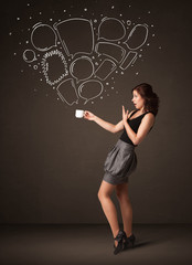 Businesswoman holding a white cup with speech bubbles