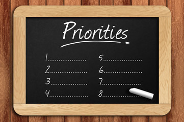 Chalkboard on the wooden table written priorities list
