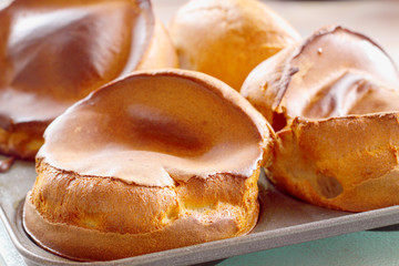 Yorkshire puddings.
Yorkshire puddings in a baking tray.