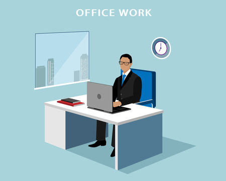 Office manager working at computer in the office. 3d isometric faceless man with laptop