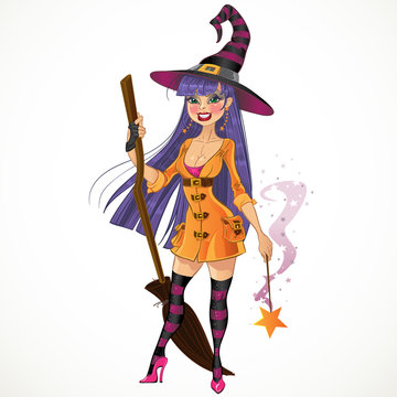 Young witch with magic wand and broom