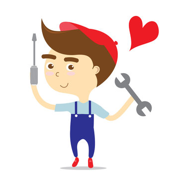repairman holding tools with red heart for love job vector