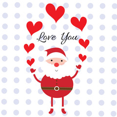 santa claus holding red heart with word love you and dot backgro