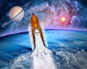 Space ship shuttle rocket launch spaceship Earth saturn planet. Elements of this image furnished by NASA.