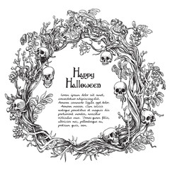 Halloween decorative wreath frame for text black and white backg