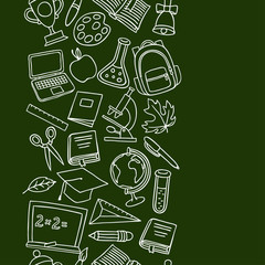 School seamless pattern with hand drawn icons on chalk board