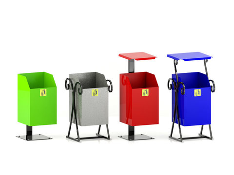 Variety colors rubbish bins set with trash icon isolated on white background