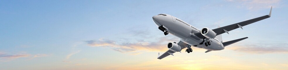 Modern Passenger airplane flight in sunset panorama